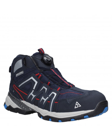 Calzado azul de seguridad para hombre, estilo athleisure, con suela gruesa y sistema de cierre tipo dial.