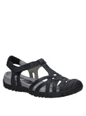 Sandalia de cuero negro para mujer, ajuste personalizado y comodidad en entornos naturales y paseos informales.