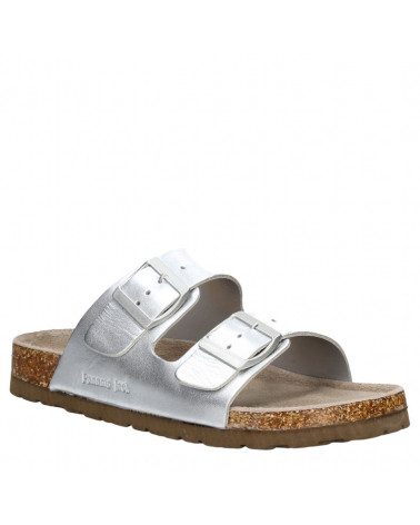 Sandalia de cuero plata estilo Birkenstock, versátil para salidas casuales o eventos informales al aire libre.