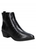 Elegante botín de cuero negro para mujer con tacón medio en bloque, ideal para estilo urbano y chic.
