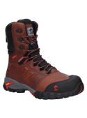 Zapato de seguridad masculino, cuero café, altura caña 21 cm, ideal tareas exigentes.