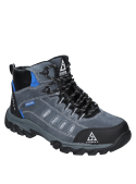 Zapato de seguridad gris para hombre, con etiquetas y bordados funcionales, combina con ropa casual o deportiva.