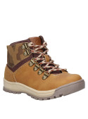 Botín camel infantil de estilo informal, con cordones y ganchos metálicos, ideal para aventuras al aire libre.