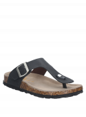 Sandalia negra de cuero, estilo casual, adecuada para paseos en parque o playa.