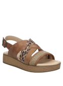 Sandalia casual de cuero y raffia, animal print, estilo boho-chic, ideal con vestidos y faldas sueltas.