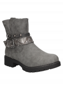 Botín gris para mujer, informal, moderno, con taco bloque y punta redonda para un look fresco.