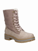 Botín taupe con taco bloque, combina confort y estilo, perfecto para diversas ocasiones y outfits.